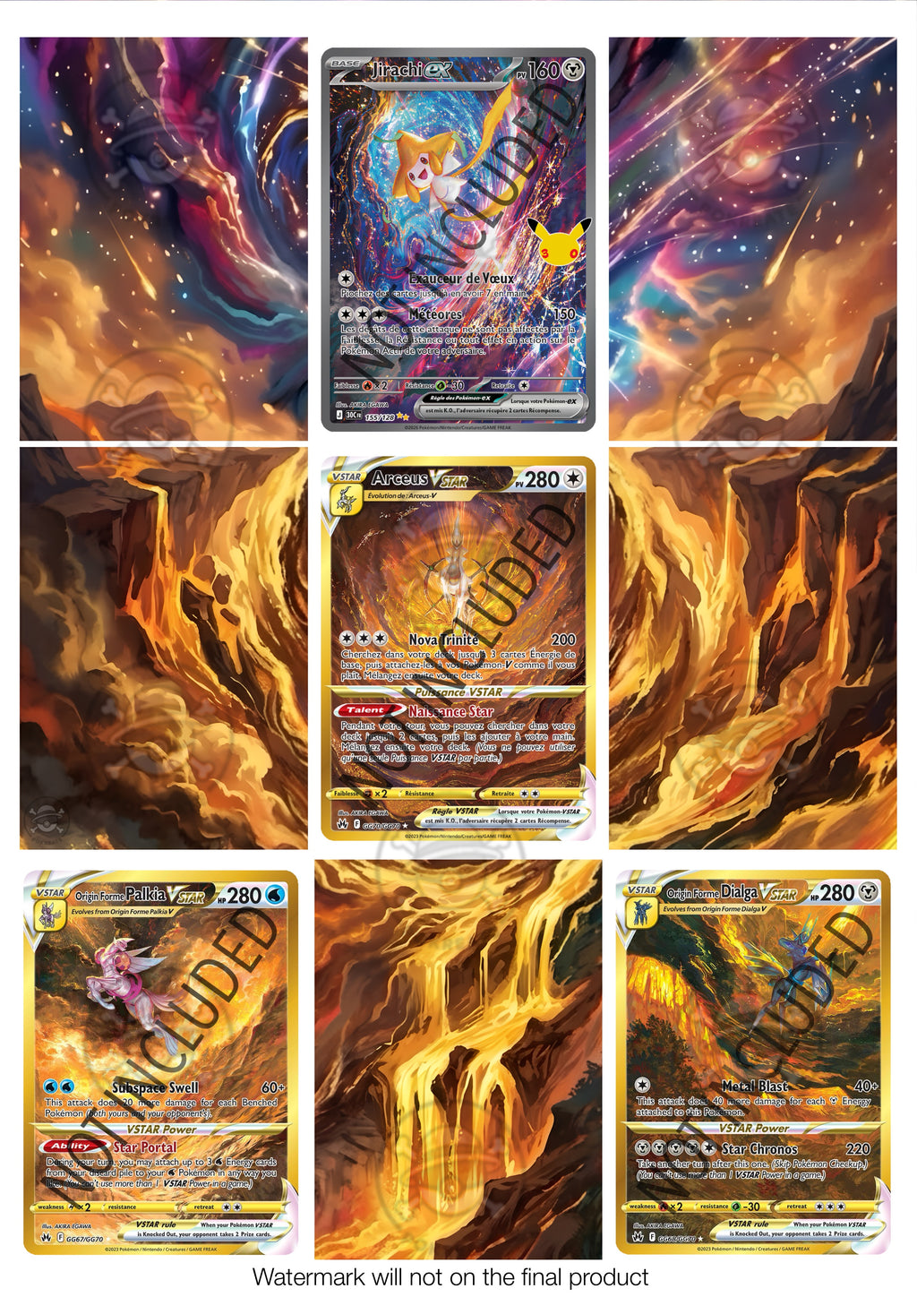 Printable Extended Artwork • Pokémon • Akira Egawa - Jirachi, Arceus, Dialga, Palkia