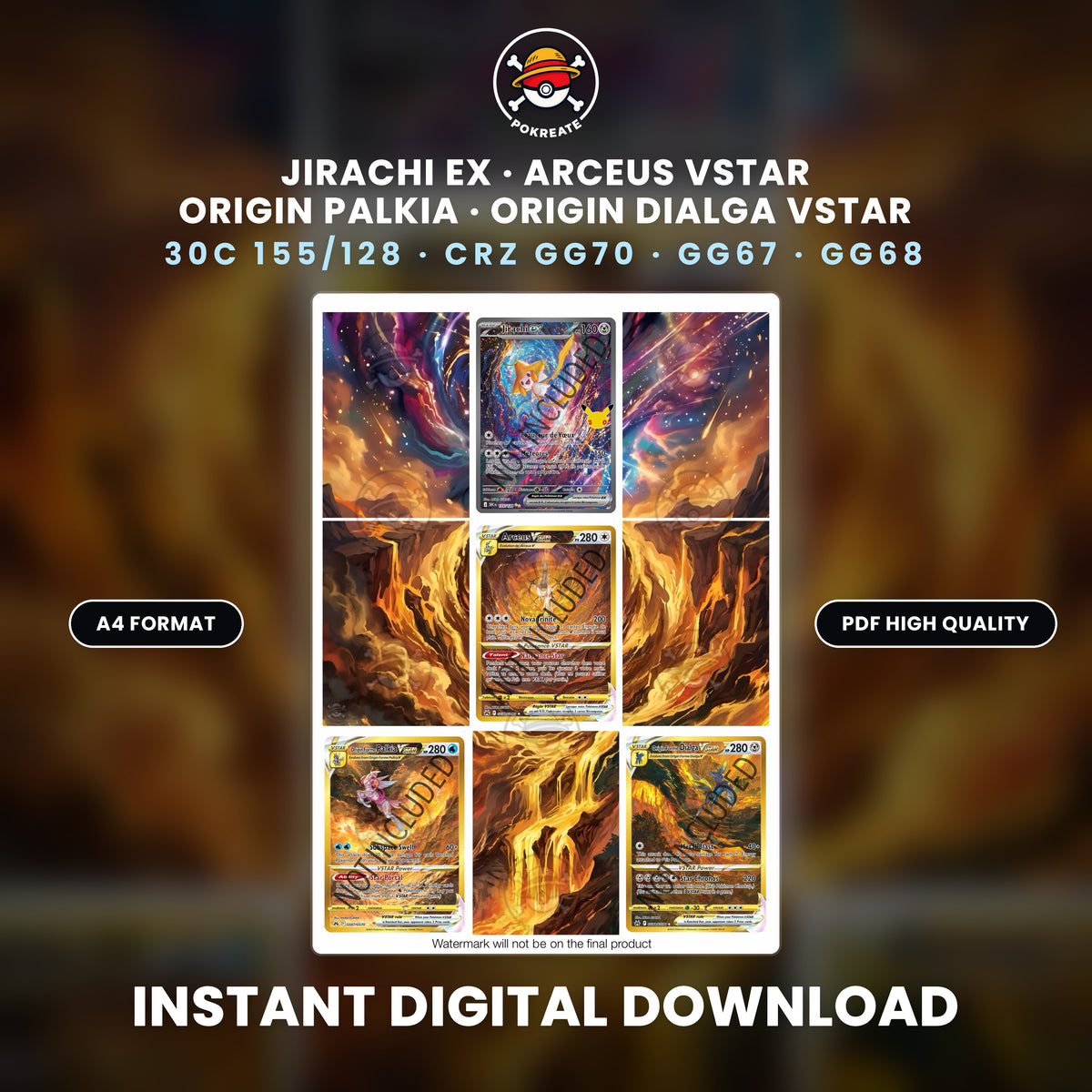Printable Extended Artwork • Pokémon • Akira Egawa - Jirachi, Arceus, Dialga, Palkia
