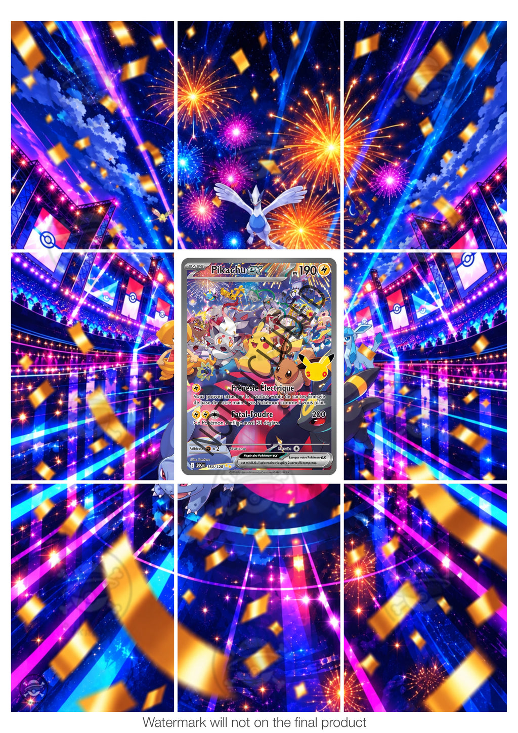 Printable Extended Artwork • Pokémon • Pikachu (Night) Alt. 150/128 - 30th Anniversary